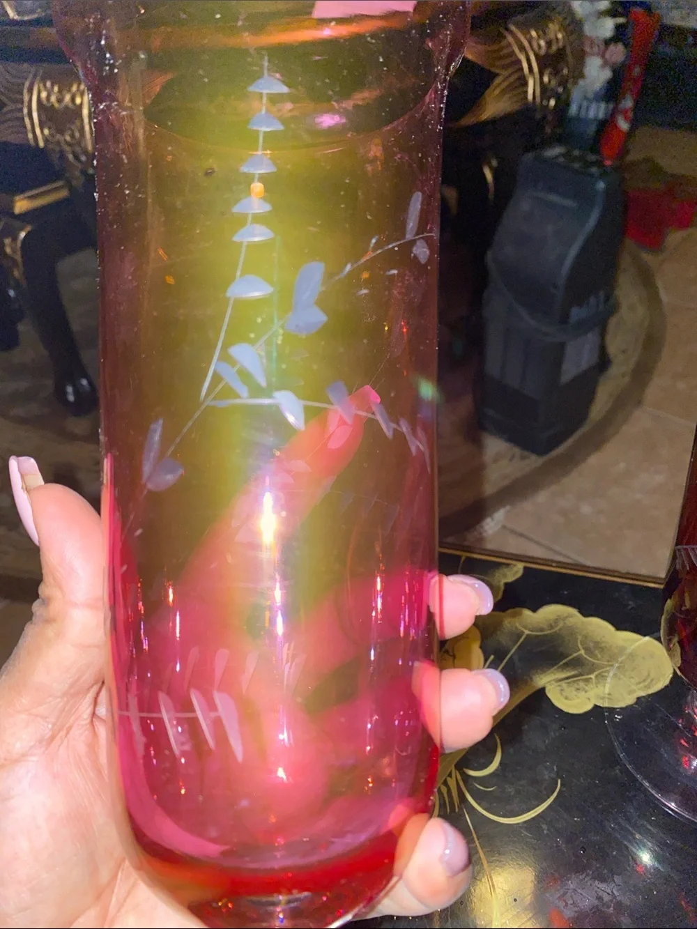 Vintage Hand-Etched Ruby and Rose Pink Glass Vases - Elegant Floral Design